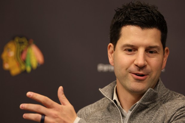 General manager Ryan Davidson speaks Thursday, Sept. 18, 2025, as the Chicago Blackhawks begin training camp at Fifth Third Arena. (Brian Cassella/Chicago Tribune)