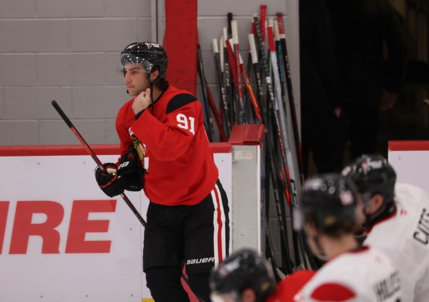 Center Frank Nazar (91) practices Thursday, Sept. 18, 2025, as the Chicago Blackhawks begin training camp at Fifth Third Arena. (Brian Cassella/Chicago Tribune)