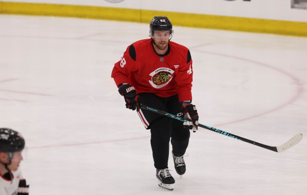 Defenseman Matt Grzelcyk (48) practices Thursday, Sept. 18, 2025, as the Chicago Blackhawks begin training camp at Fifth Third Arena. (Brian Cassella/Chicago Tribune)