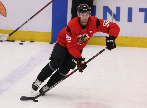 Left wing Gavin Hayes (92) practices Thursday, Sept. 18, 2025, as the Chicago Blackhawks begin training camp at Fifth Third Arena. (Brian Cassella/Chicago Tribune)
