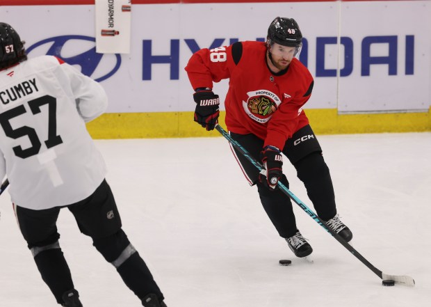 Defenseman Matt Grzelcyk (48) practices Thursday, Sept. 18, 2025, as the Chicago Blackhawks begin training camp at Fifth Third Arena. (Brian Cassella/Chicago Tribune)
