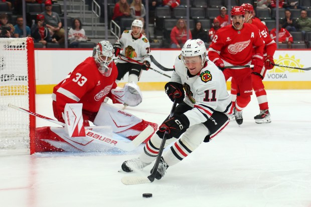 Oliver Moore #11 of the Chicago Blackhawks controls the puck in the first period next to Sebastian Cossa #33 of the Detroit Red Wings during a preseason game at Little Caesars Arena on Sept. 23, 2025 in Detroit, Michigan. (Photo by Gregory Shamus/Getty Images)