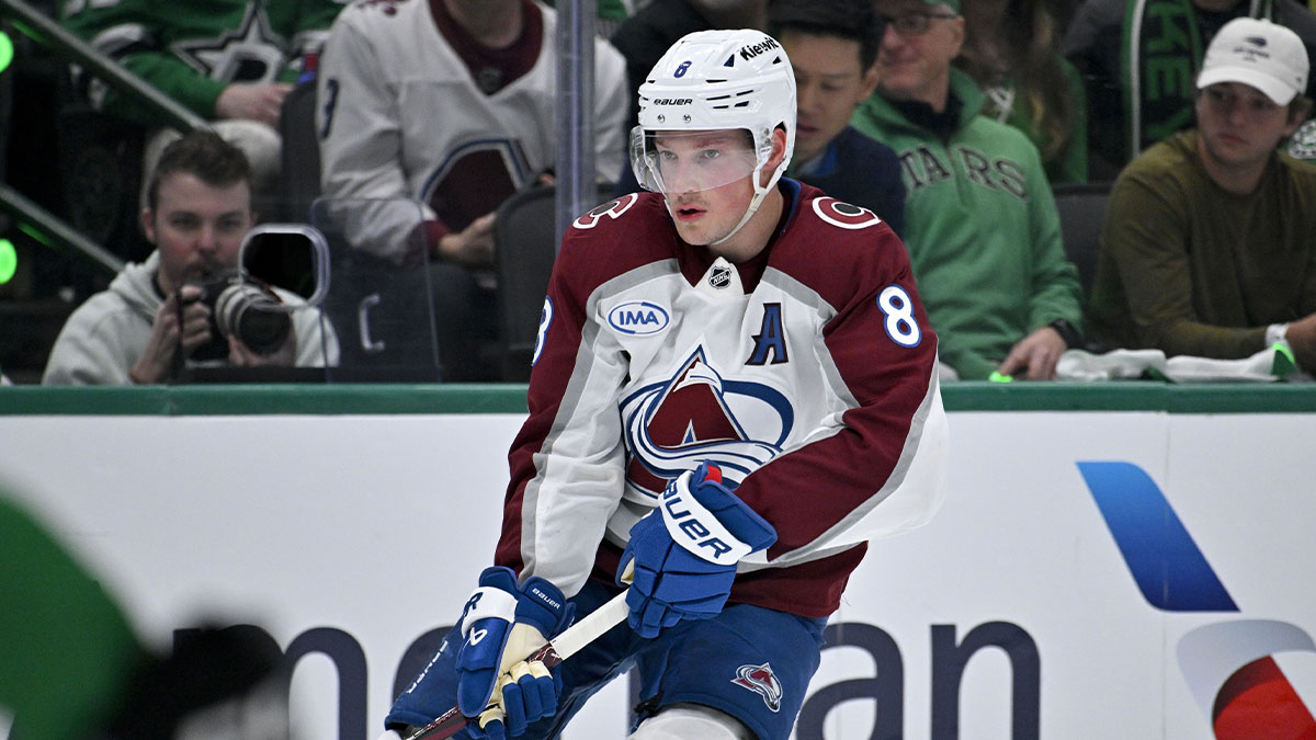 Colorado Avalanche defenseman Cale Makar (8) in action during the game between the Dallas Stars and the Colorado Avalanche in game two of the first round of the 2025 Stanley Cup Playoffs at American Airlines Center.