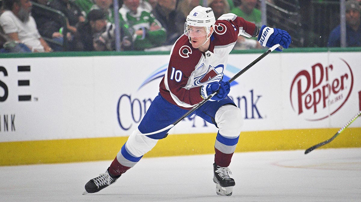 Colorado Avalanche center Charlie Coyle (10) in action during the game between the Dallas Stars and the Colorado Avalanche in game two of the first round of the 2025 Stanley Cup Playoffs at American Airlines Center