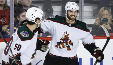 Coyotes lead at each intermission, fall to Flames in barnburner