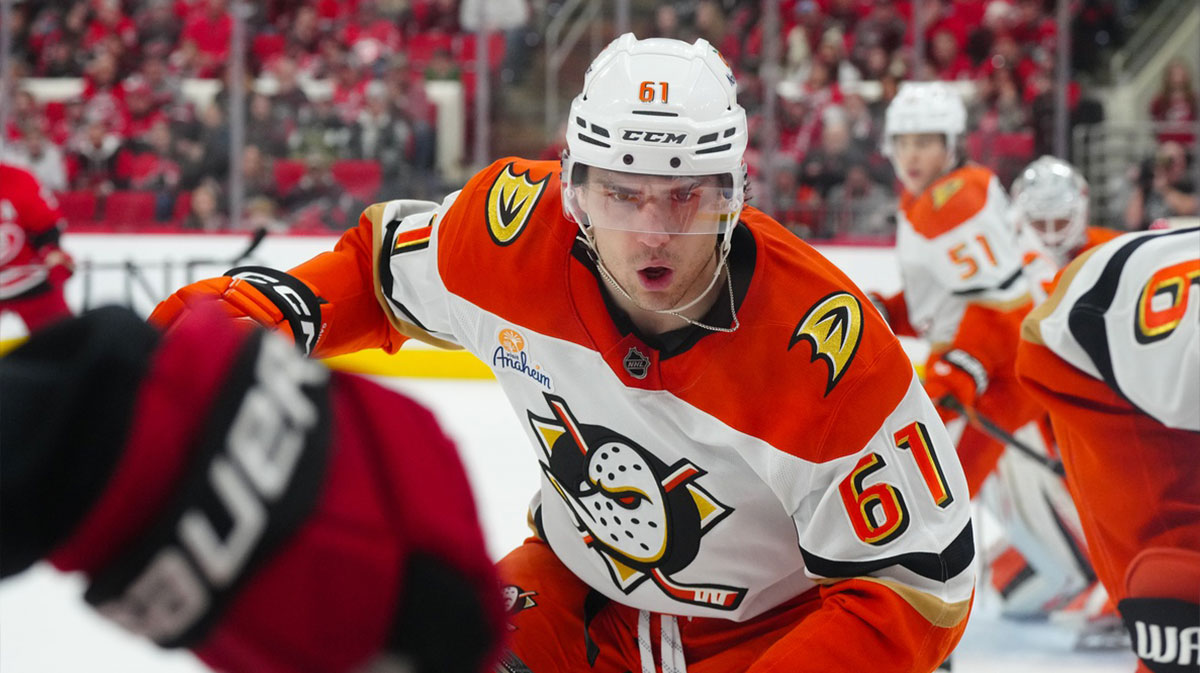 Anaheim Ducks left wing Cutter Gauthier (61) watches the play against the Carolina Hurricanes during the third period at Lenovo Center.