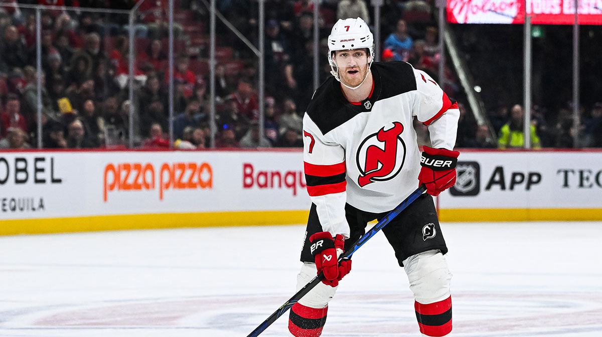 New Jersey Devils defenseman Dougie Hamilton (7) tracks the play against the Montreal Canadiens during the third period at Bell Centre.