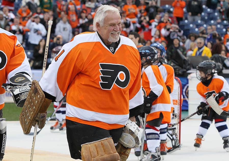 PHILADELPHIA, PA - DECEMBER 31: Bernie Parent #1 of the Philadelphia Flyers take the ice to play against the New York Rangers during the 2012 Bridgestone NHL Winter Classic Alumni Game on December 31, 2011 at Citizens Bank Park in Philadelphia, Pennsylvania.