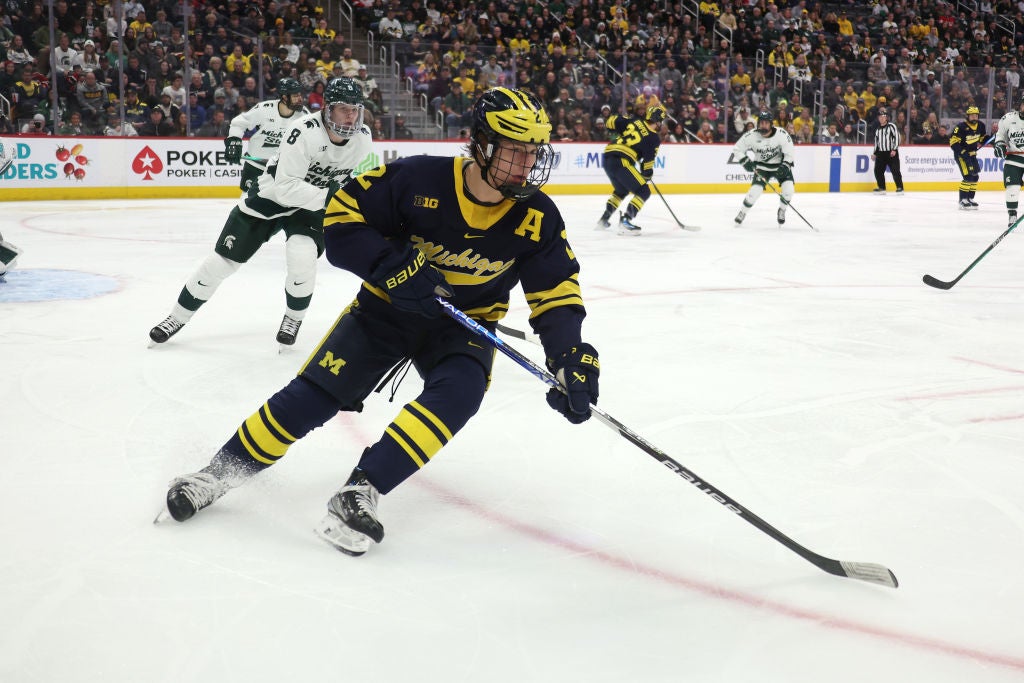Rutger McGroarty #2 of the Michigan Wolverines plays against the Michigan State Spartans at Little Caesars Arena.