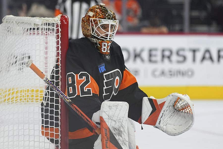 PHILADELPHIA, PENNSYLVANIA - NOVEMBER 16: Ivan Fedotov #82 of the Philadelphia Flyers defends his net against the Buffalo Sabres in the third period at the Wells Fargo Center on November 16, 2024 in Philadelphia, Pennsylvania. The Flyers defeated the Sabres 5-2.