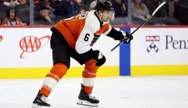 Travis Sanheim #6 of the Philadelphia Flyers skates during a game against the Columbus Blue Jackets at the Wells Fargo Center on December 21, 2024 in Philadelphia, Pennsylvania.