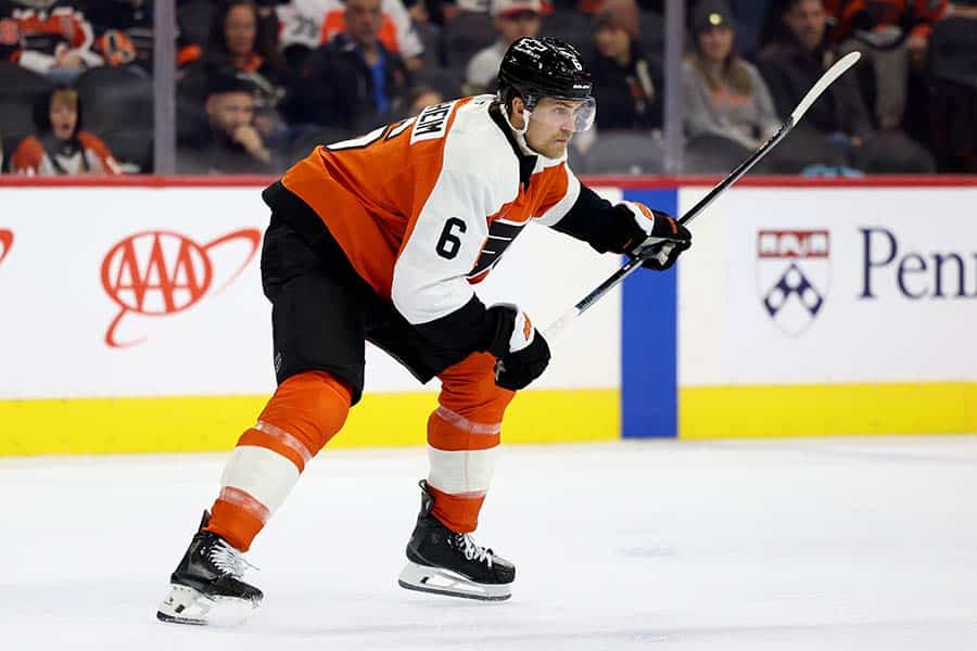 Travis Sanheim #6 of the Philadelphia Flyers skates during a game against the Columbus Blue Jackets at the Wells Fargo Center on December 21, 2024 in Philadelphia, Pennsylvania.