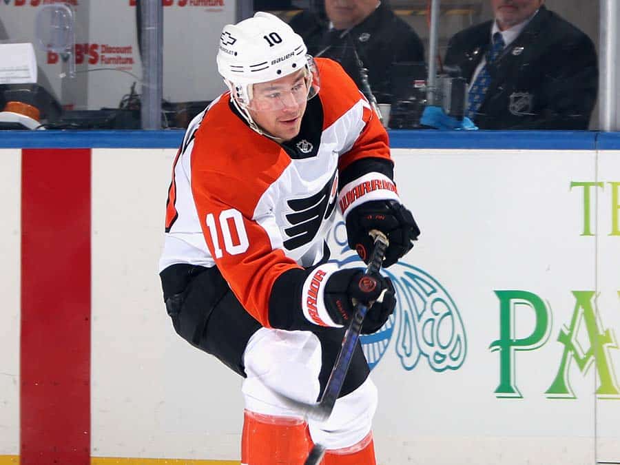 Bobby Brink #10 of the Philadelphia Flyers skates against the New York Islanders at UBS Arena on January 16, 2025 in Elmont, New York.