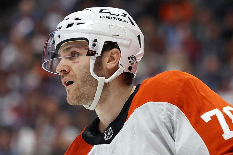 Jacob Gaucher #78 of the Philadelphia Flyers makes his NHL debut against the Colorado Avalanche in the first period at Ball Arena on February 02, 2025 in Denver, Colorado.
