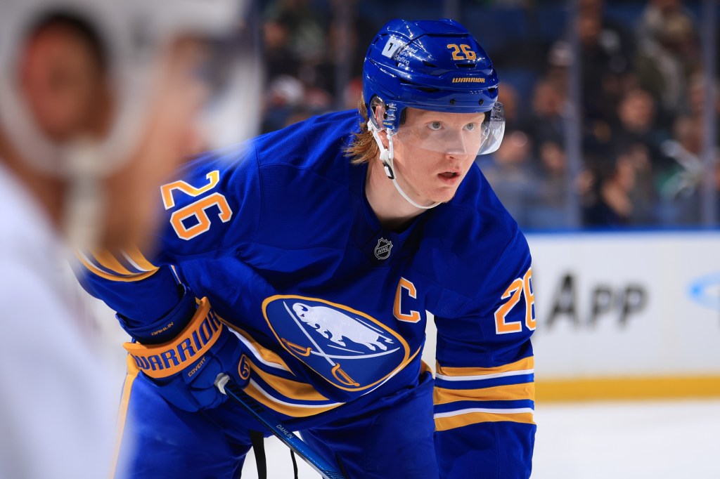 Rasmus Dahlin #26 of the Buffalo Sabres prepares for a face-off