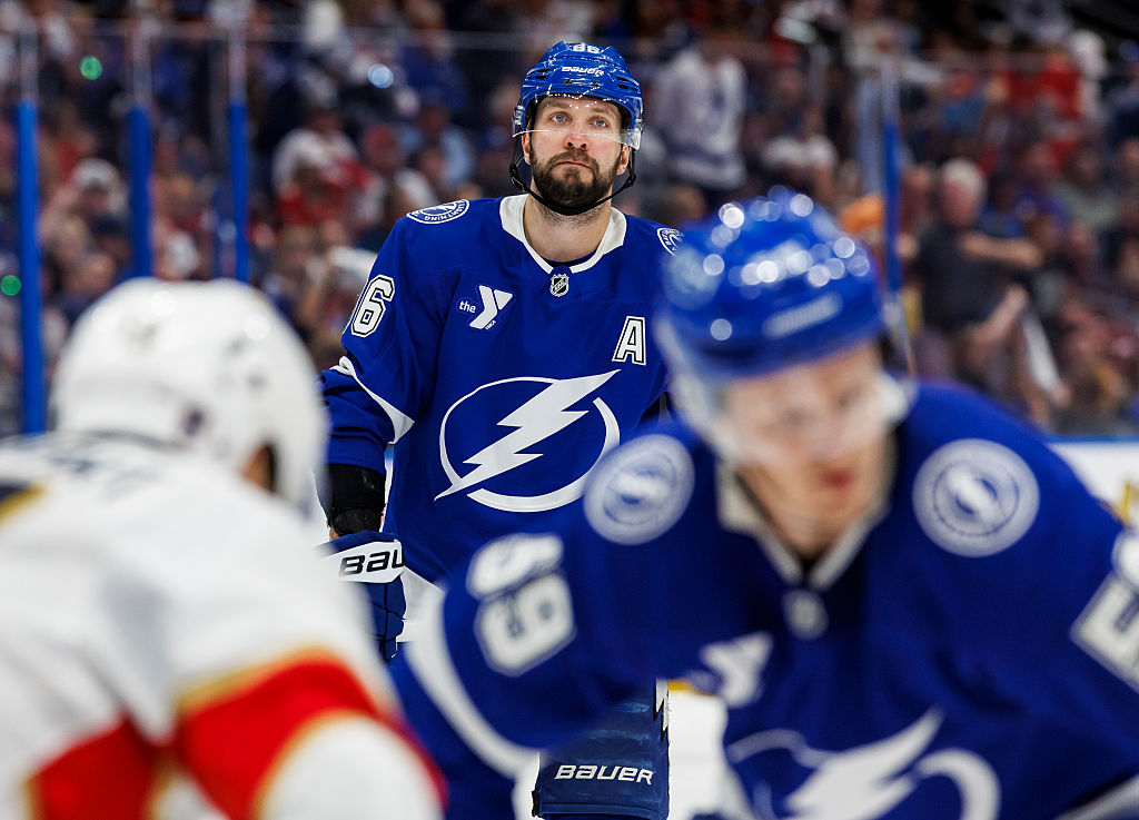 Nikita Kucherov #86 of the Tampa Bay Lightning skates against the Florida Panthers of Game Two of the First Round of the 2025 Stanley Cup Playoffs at Amalie Arena on April 24, 2025 in Tampa, Florida.