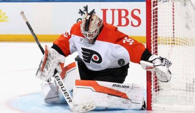 Aleksei Kolosov #35 of the Philadelphia Flyers makes a second period save against the New York Islanders in a preseason game at UBS Arena on September 21, 2025 in Elmont, New York.