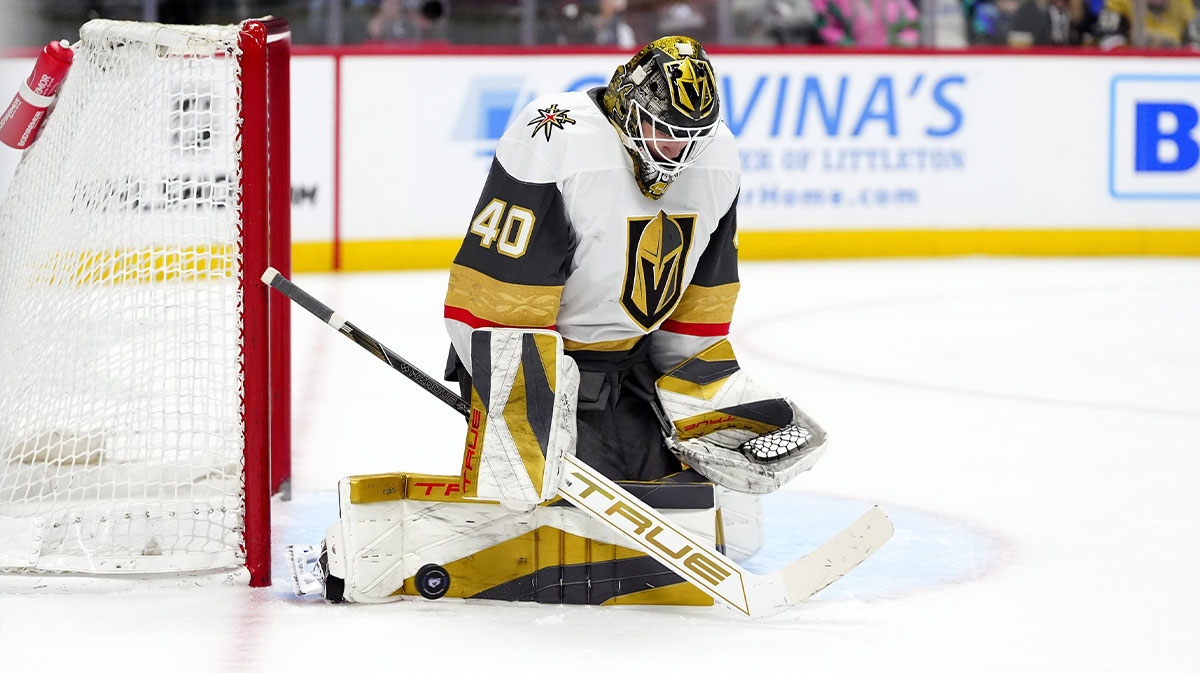 Vegas Golden Knights goaltender Akira Schmid (40) makes a save in the second period against the Colorado Avalanche at Ball Arena.