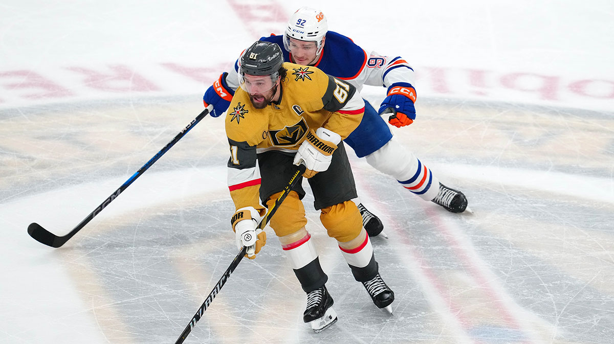 Vegas Golden Knights right wing Mark Stone (61) skates away from Edmonton Oilers right wing Vasily Podkolzin (92) during an overtime period of game two of the second round of the 2025 Stanley Cup Playoffs against the Edmonton Oilers at T-Mobile Arena.