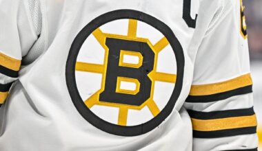 Boston Bruins logo against the San Jose Sharks