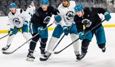 San Jose Sharks forward Ryan Reaves skates through two players