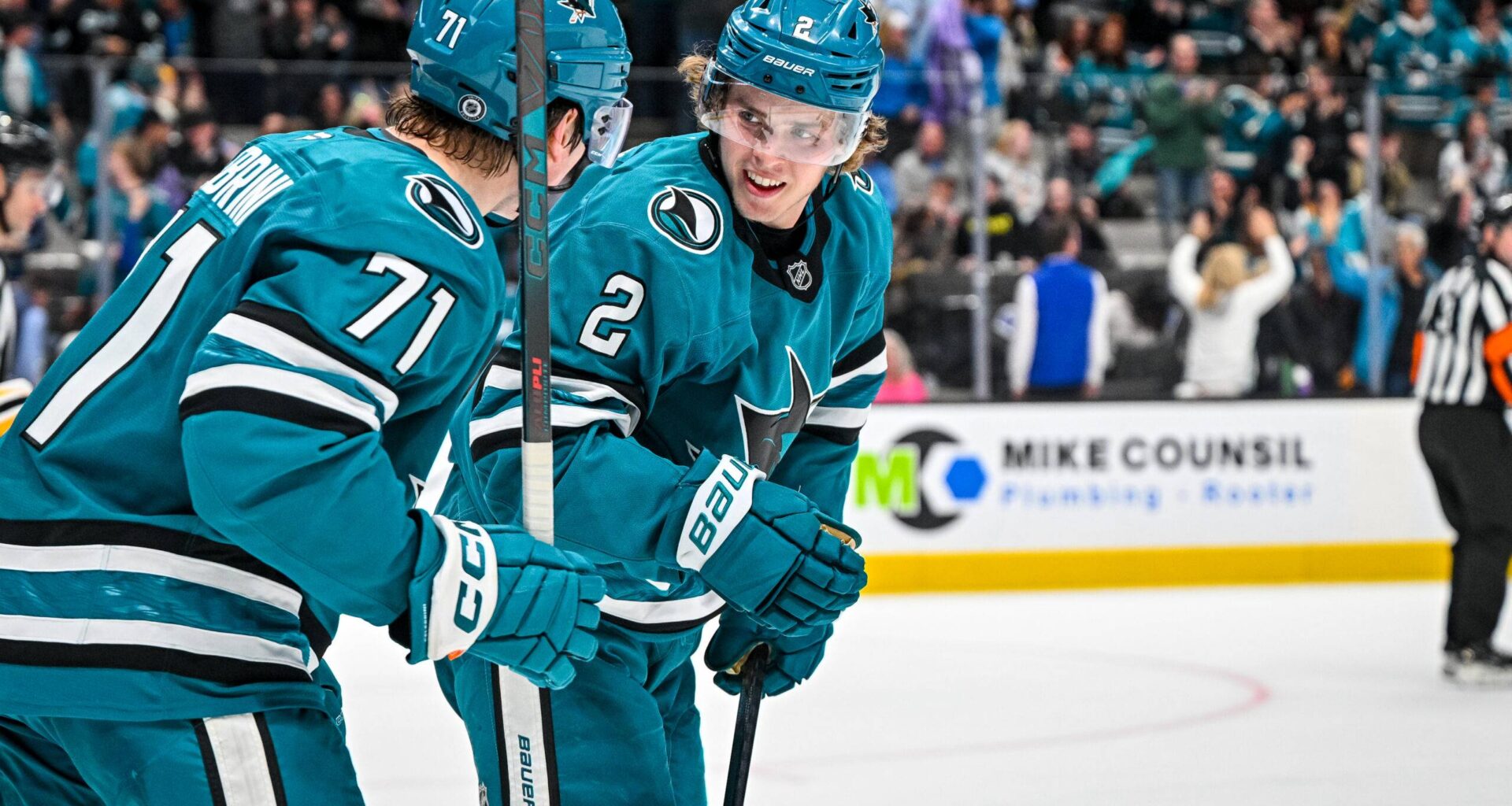 San Jose Sharks forwards Macklin Celebrini and Will Smith