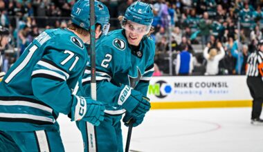 San Jose Sharks forwards Macklin Celebrini and Will Smith