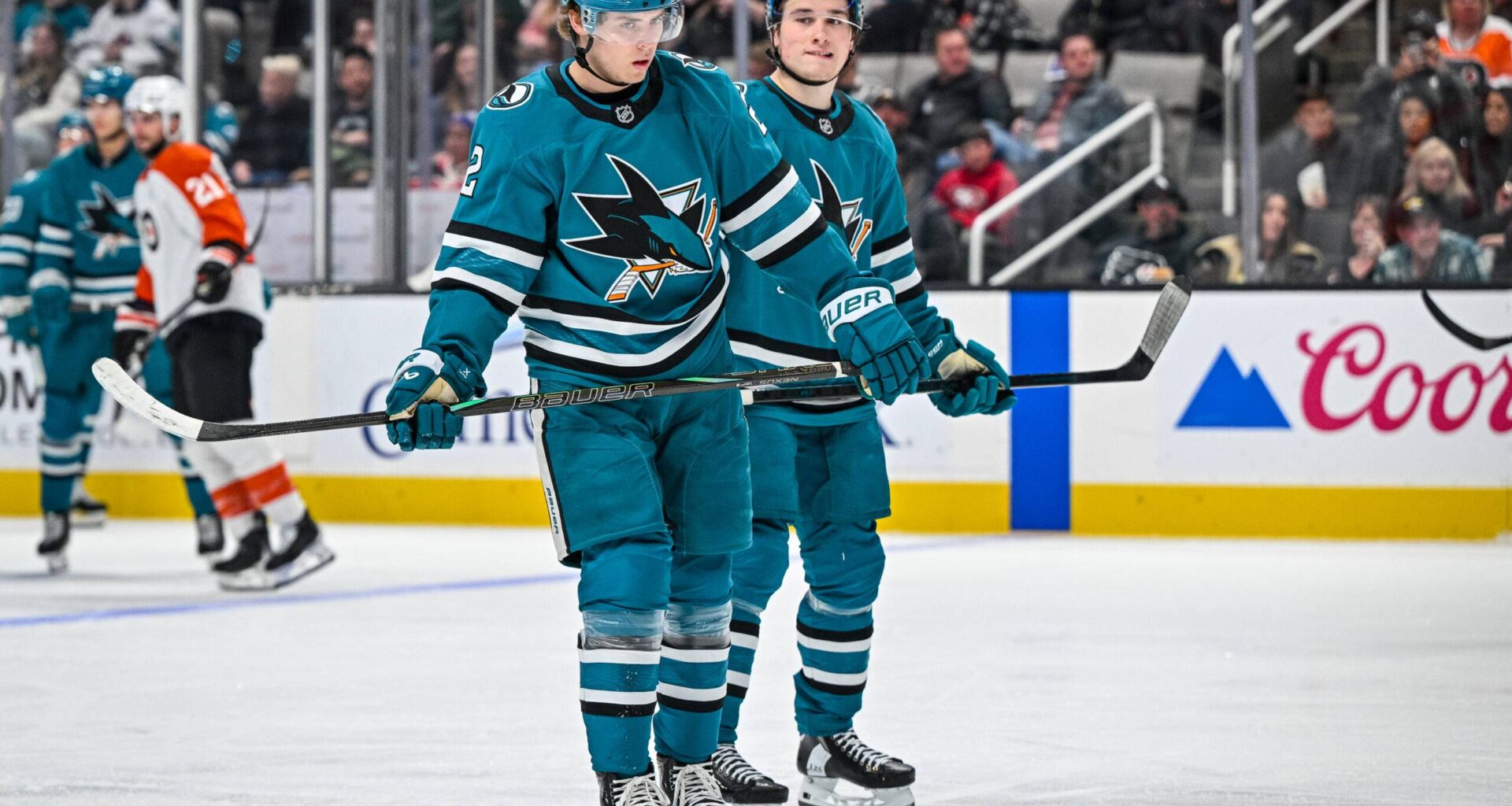 San Jose Sharks forwards Macklin Celebrini and Will Smith