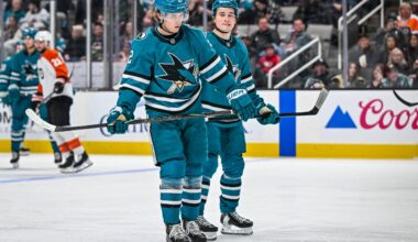 San Jose Sharks forwards Macklin Celebrini and Will Smith