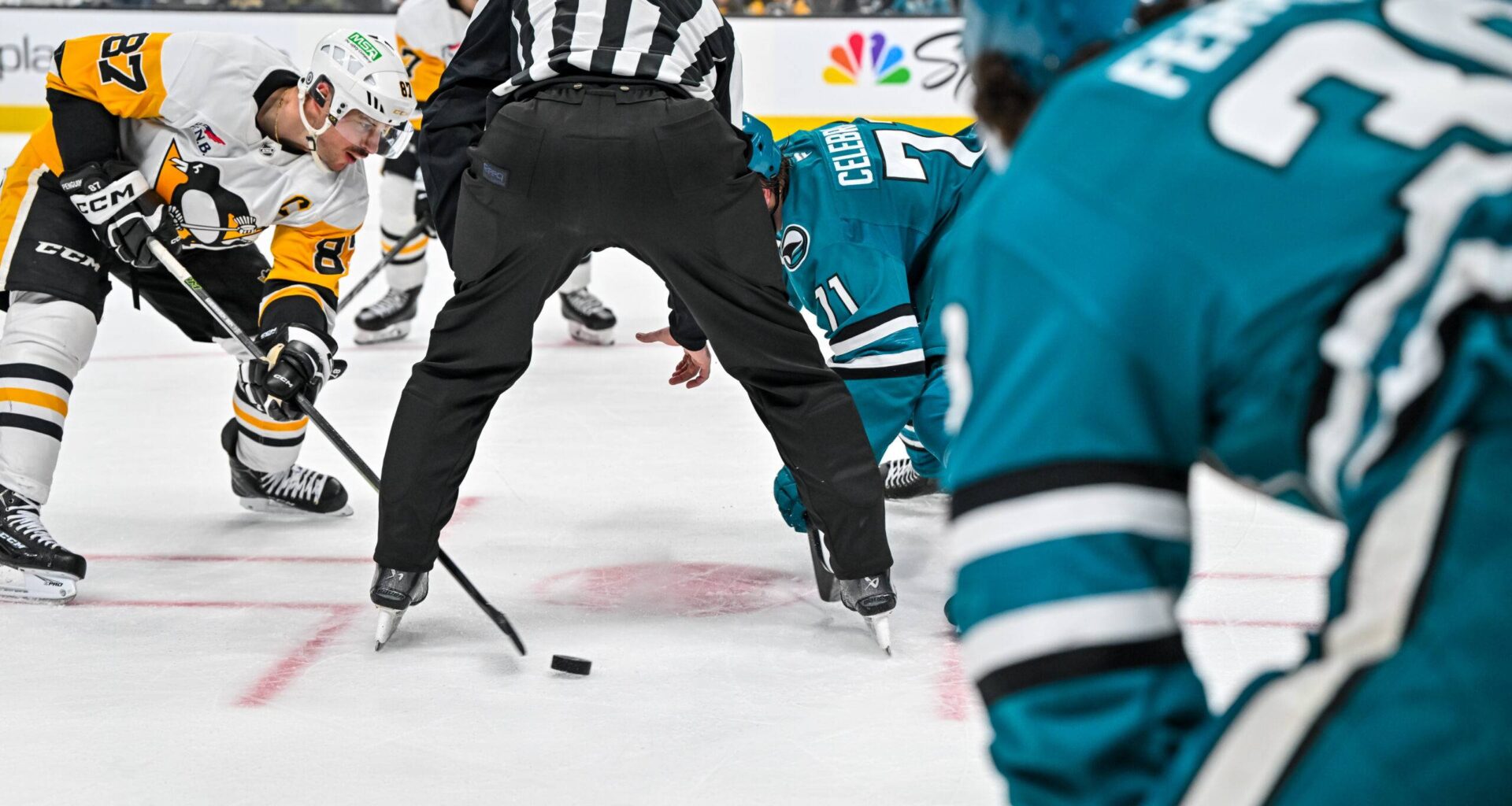 San Jose Sharks forward Macklin Celebrini and Pittsburgh Penguins forward Sidney Crosby