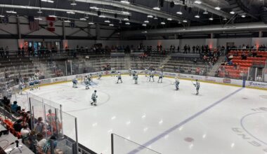 The San Jose Sharks warmup at the Golden State Rookie Face-Off