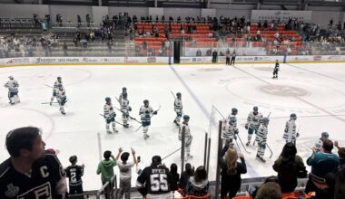 San Jose Sharks prospects celebrate after their win