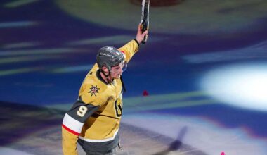Vegas Golden Knights goaltender Adin Hill (33) makes a save against Edmonton Oilers right wing Connor Brown (28) during the second period of game five of the second round of the 2025 Stanley Cup Playoffs at T-Mobile Arena.