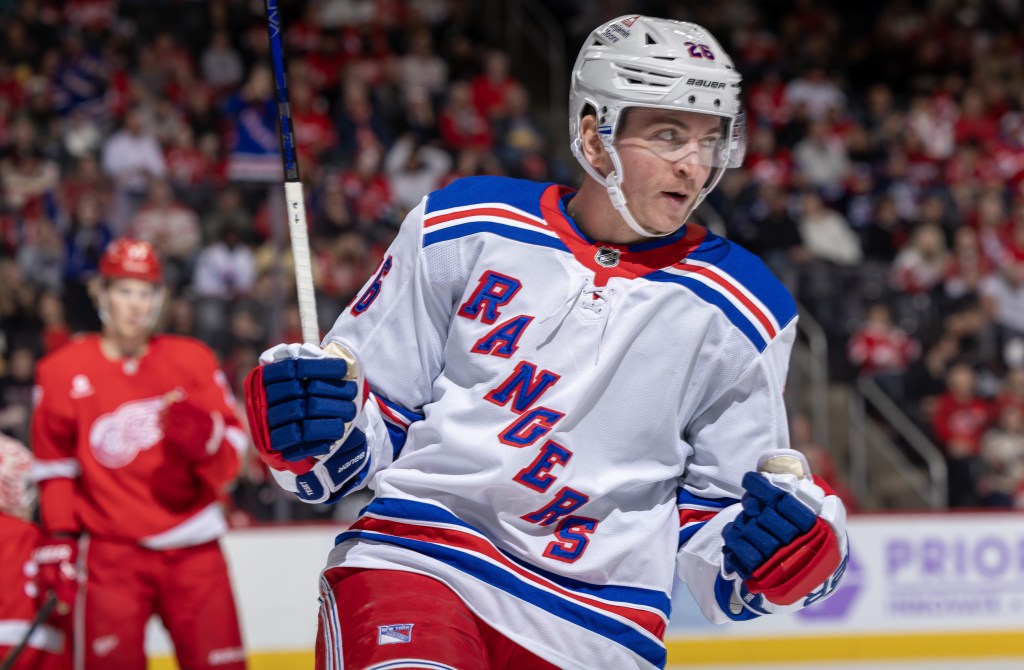 Jimmy Vesey celebrates after scoring a goal during the Rangers' win.
