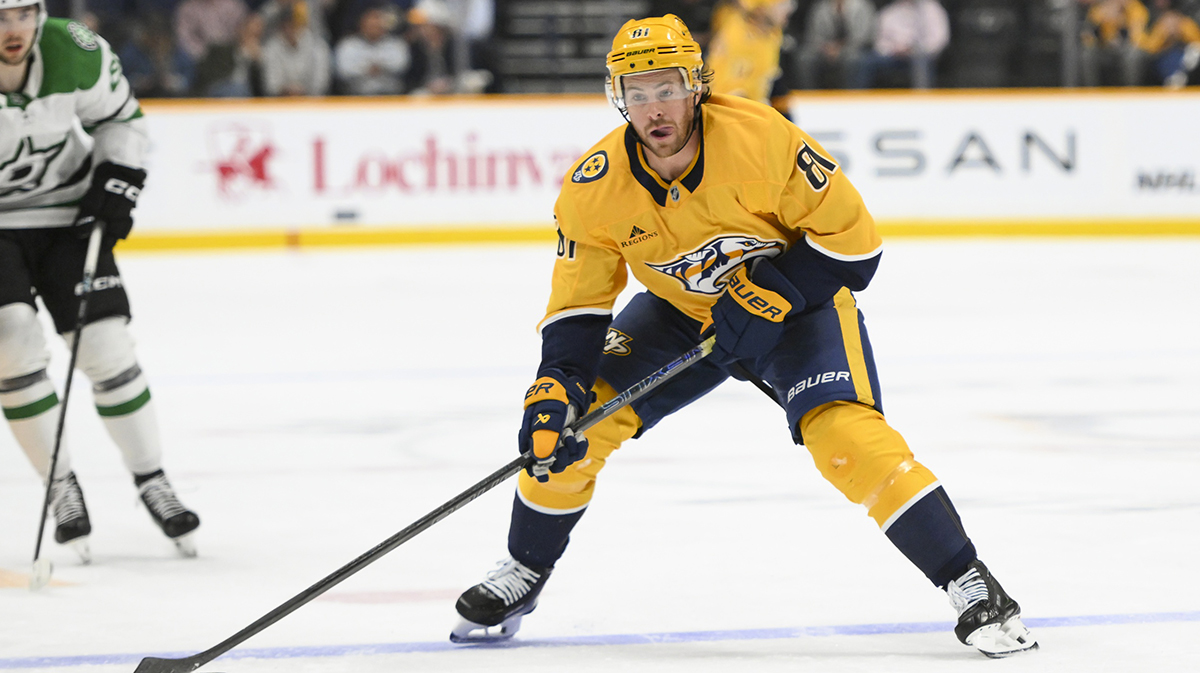 Nashville Predators center Jonathan Marchessault (81) skates with the puck against the Dallas Stars during the first period at Bridgestone Arena.