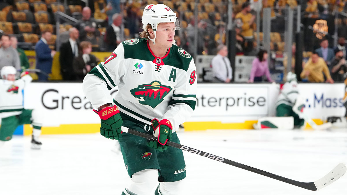 Minnesota Wild left wing Kirill Kaprizov (97) warms up before game one of the first round of the 2025 Stanley Cup Playoffs against the Vegas Golden Knights at T-Mobile Arena