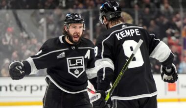 Los Angeles Kings defenseman Drew Doughty, left, celebrates his goal with right wing Adrian Kempe during the second period of an NHL hockey game against the Nashville Predators Thursday, Jan. 18, 2024, in Los Angeles. (AP Photo/Mark J. Terrill)
