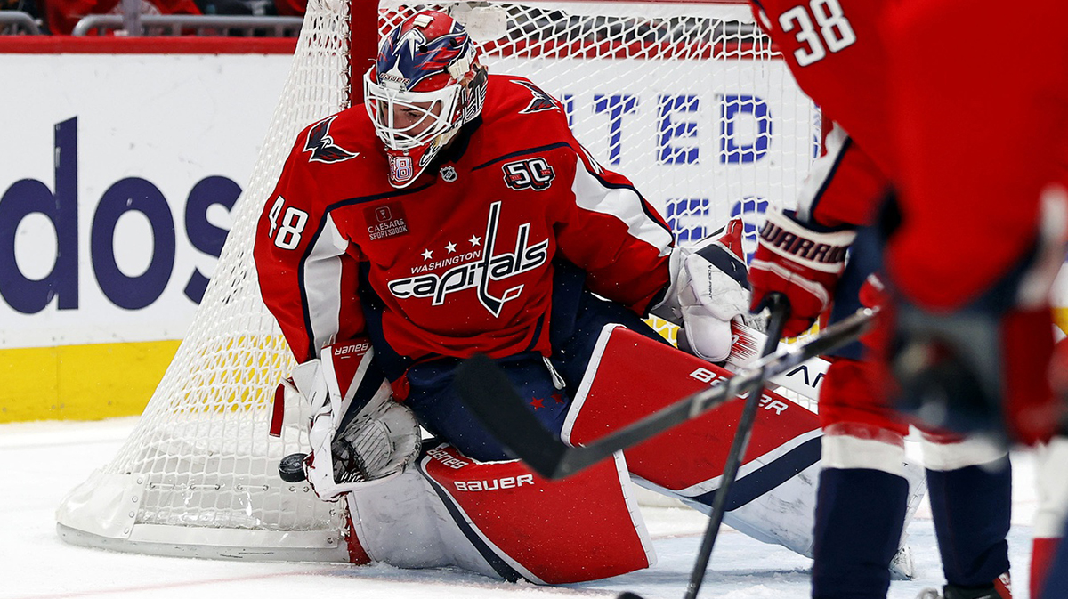 Washington Capitals goaltender Logan Thompson (48) makes a save during the second period against the Detroit Red Wings at Capital One Arena
