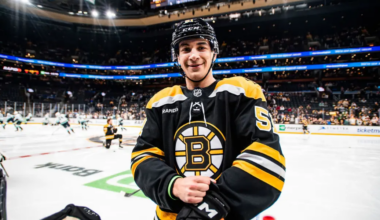 Matthew Poitras skating for the Boston Bruins