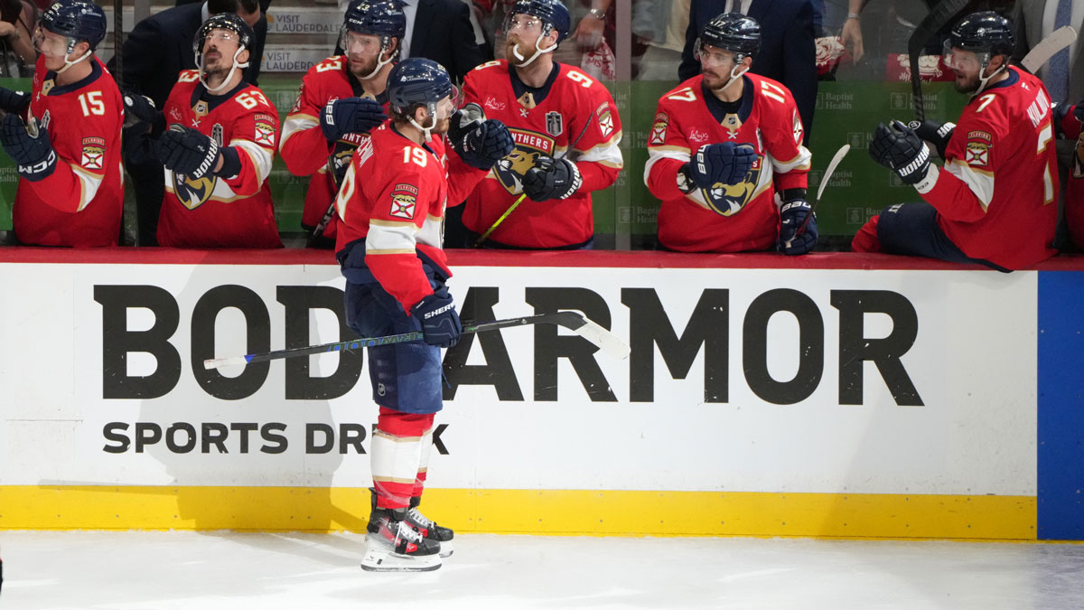 Florida Panthers forward Matthew Tkachuk (19) celebrates scoring wduring the first period with Florida Panthers defenseman Seth Jones (3) and forward Aleksander Barkov (16) against the Edmonton Oilers in game four of the 2025 Stanley Cup Final at Amerant Bank Arena.