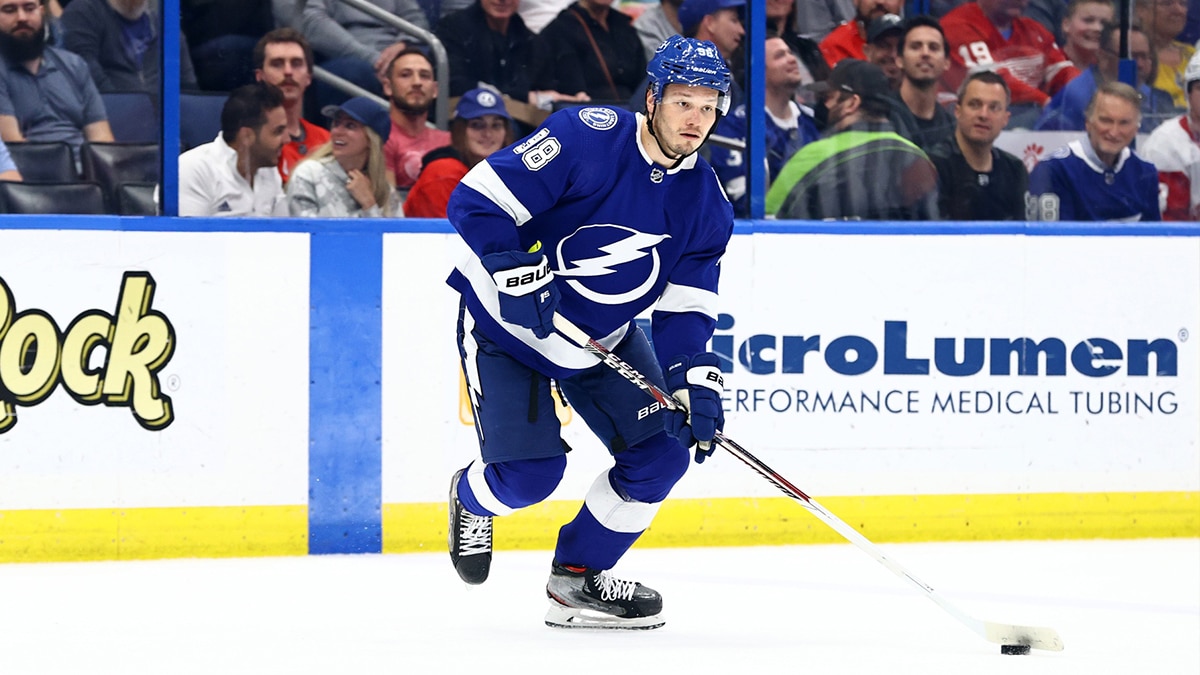 Tampa Bay Lightning defenseman Mikhail Sergachev (98) skates against the Detroit Red Wings during the third period at Amalie Arena.