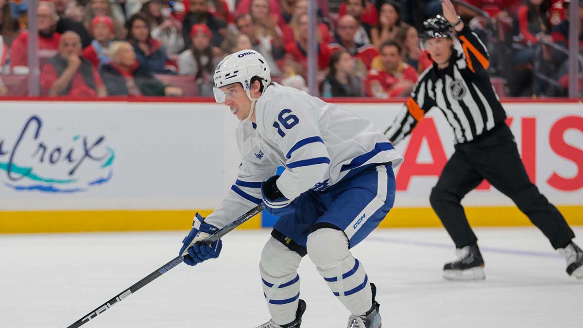 Toronto Maple Leafs right wing Mitch Marner (16) moves the puck against the Florida Panthers during the first period in game three of the second round of the 2025 Stanley Cup Playoffs at Amerant Bank Arena. 