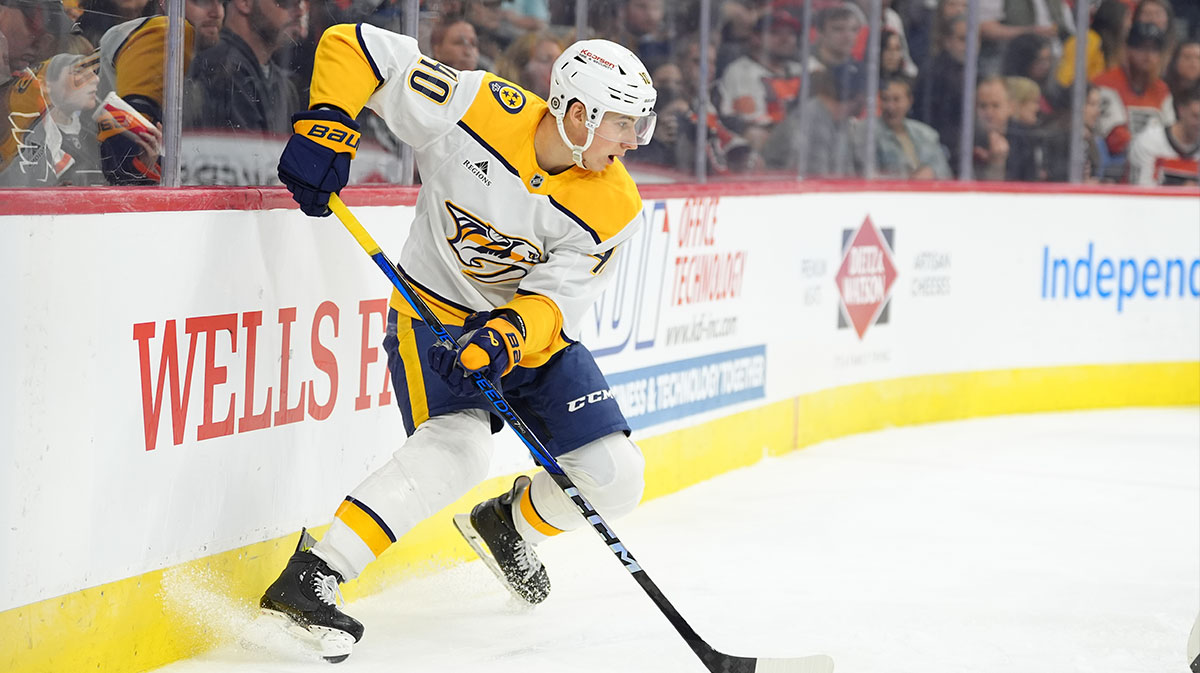 Nashville Predators center Fedor Svechkov (40) controls the puck against the Philadelphia Flyers in the first period at Wells Fargo Center. 