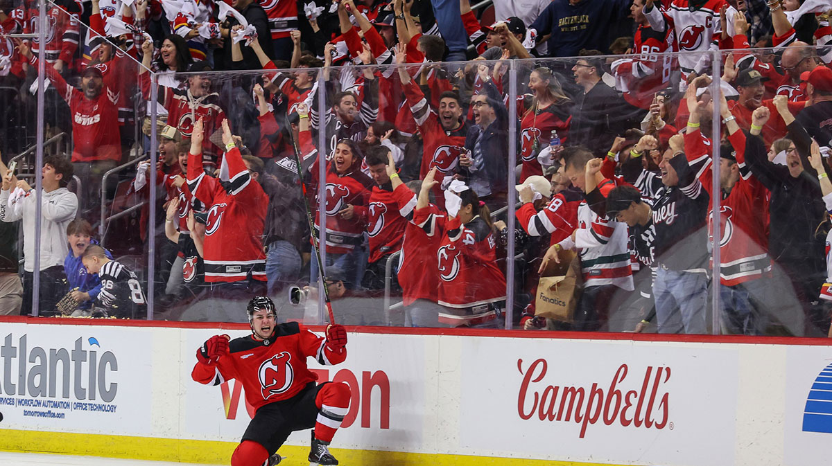 New Jersey Devils defenseman Simon Nemec (17) celebrates his game winning goal against the Carolina Hurricanes during the second overtime in game three of the first round of the 2025 Stanley Cup Playoffs at Prudential Center. 
