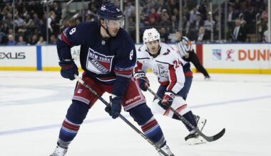 New York Rangers' J.T. Miller (8) drives past Washington Capitals' Connor McMichael (24) during the second period of an NHL hockey game on Wednesday, March 5, 2025, in New York. (AP Photo/Frank Franklin II, File)