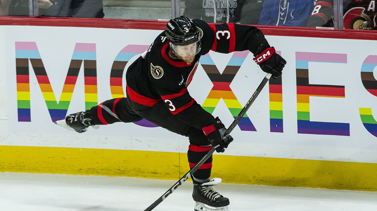 Ottawa Senators defenseman Nick Jensen (3) shoots the puck in the third period against the Tampa Bay Lightning at the Canadian Tire Centre.