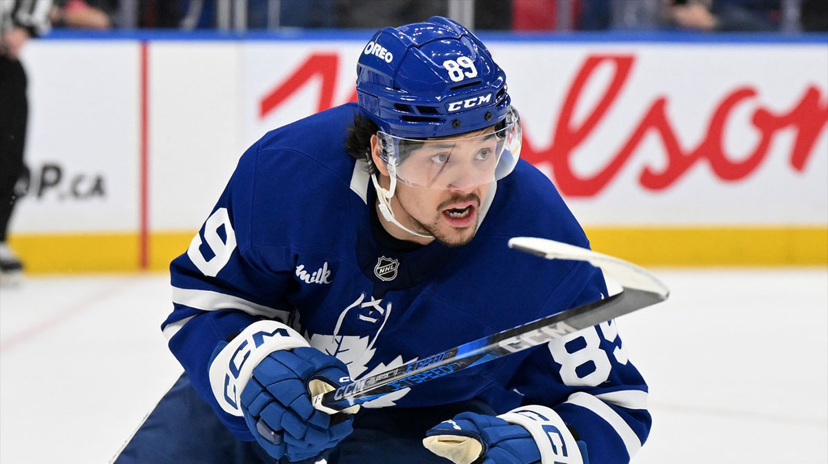 Toronto Maple Leafs forward Nick Robertson (89) pursues the play against the New Jersey Devils in the third period at Scotiabank Arena.