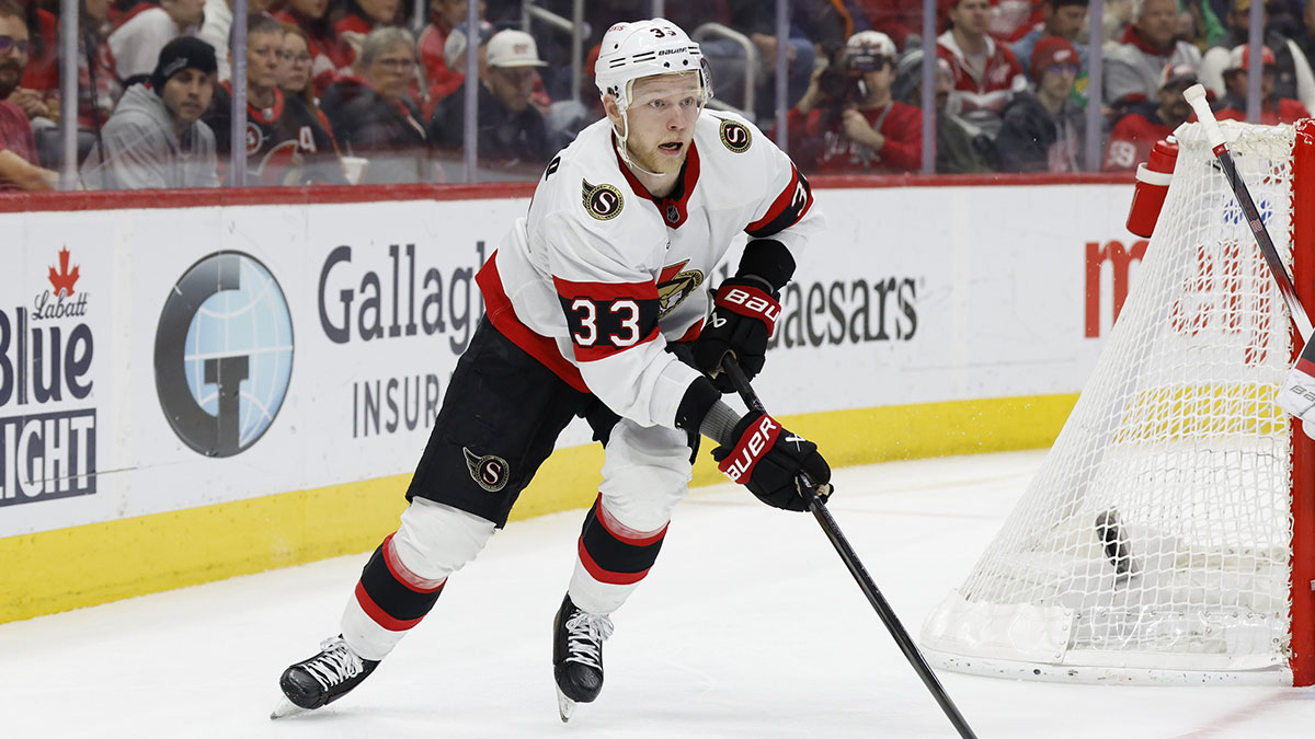 Ottawa Senators defenseman Nikolas Matinpalo (33) skates with the puck in the second period against the Detroit Red Wings at Little Caesars Arena. Mandatory Credit: Rick 