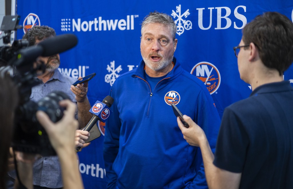 Patrick Roy talks with the media during an Islanders practice earlier this month.