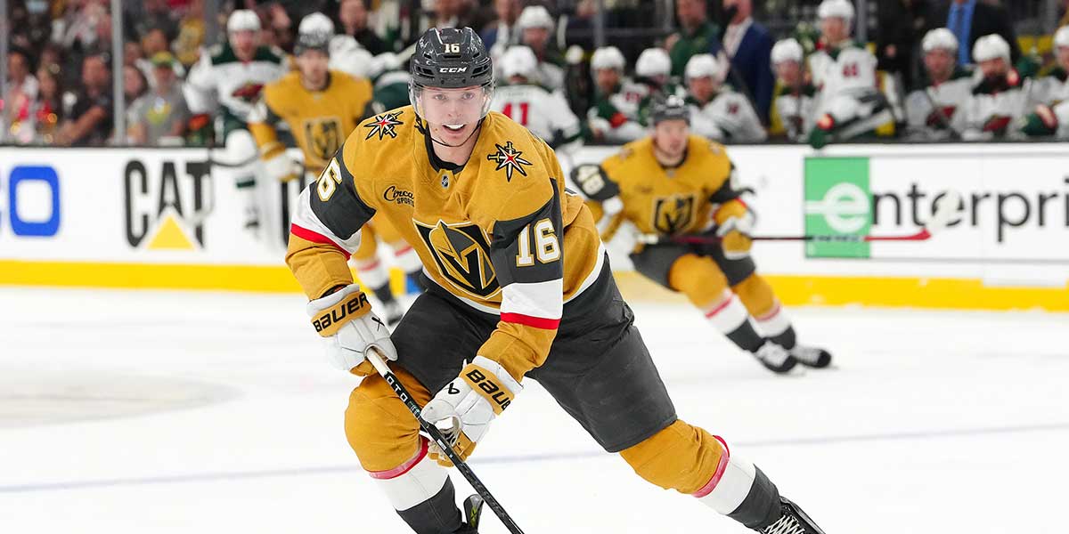 Las Vegas, Nevada, USA; Vegas Golden Knights left wing Pavel Dorofeyev (16) skates against the Minnesota Wild during the second period of game one of the first round of the 2025 Stanley Cup Playoffs at T-Mobile Arena.